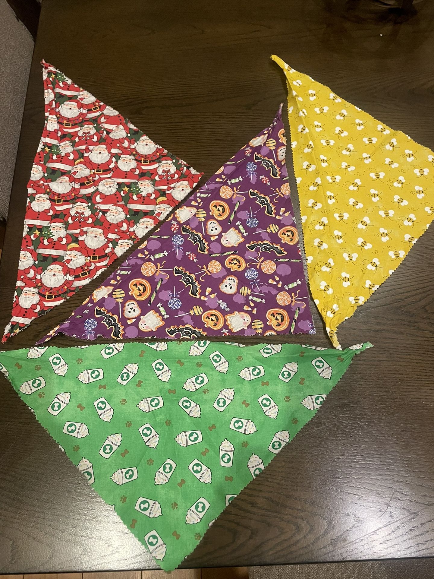 4 Doggie Neck Handkerchiefs. Xmas, Halloween, Puppucino, Bumble Bee