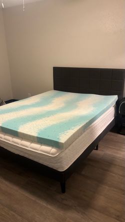 Queen Bedframe + Mattress and Gel Memory Foam Mattress Topper