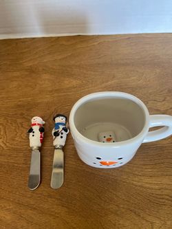 Snowman Hot Chocolate Mug w/ 3d Marshmallow Inside + 2 Snowmen Canape