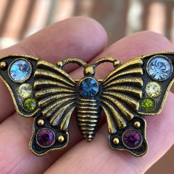 Vintage Butterfly Rhinestone Brooch Brass Finish
