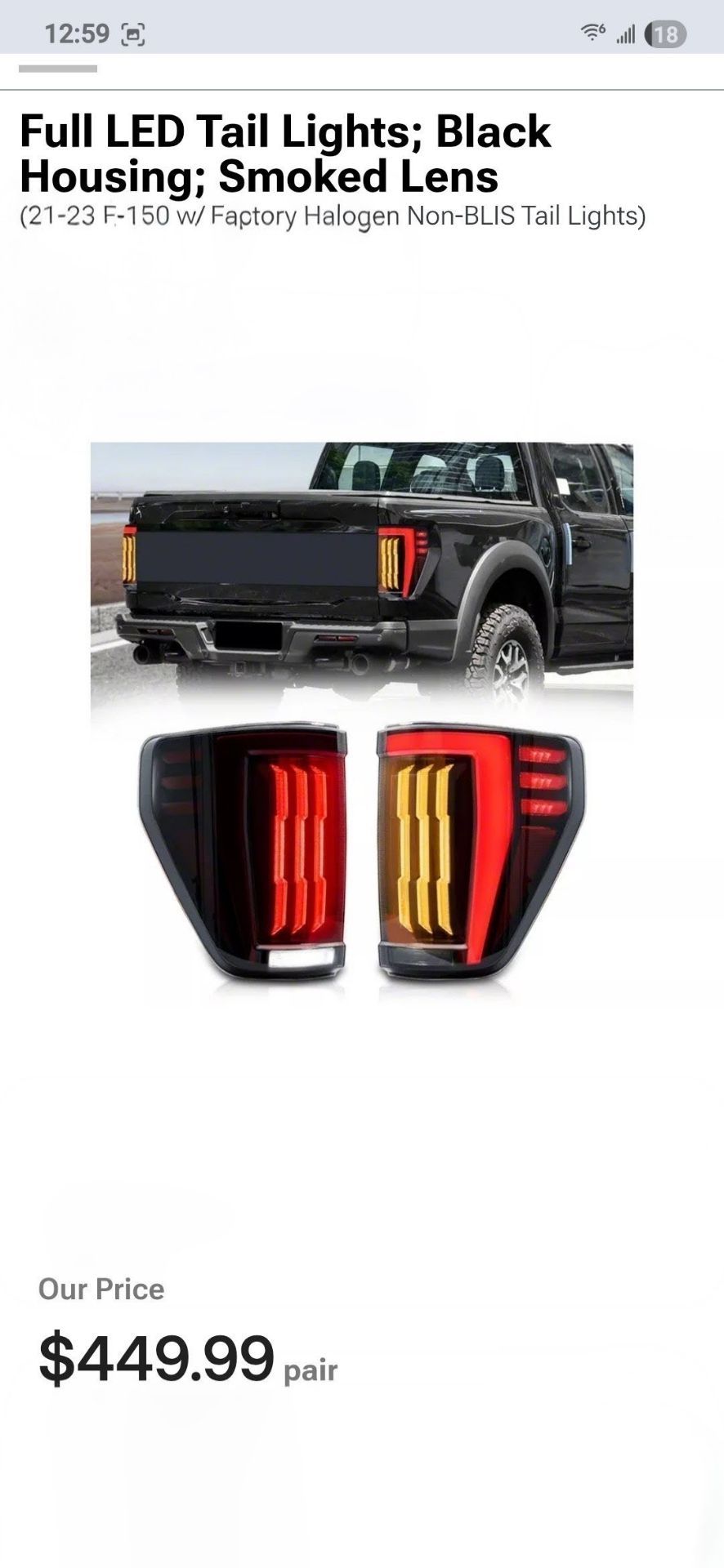 Full LED Tail Lights; Black Housing;
21-23 F-150 w/ Factory Halogen Non-BLIS brand new $280