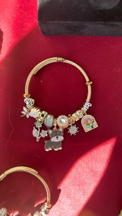 Gold Charm Bangle Bracelet with Dog Pendant