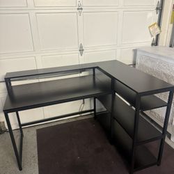  55 in. L-Shaped Black  Desk with Shelves In Excellent Condition 
