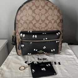 Disney X Coach Charlie Backpack In Signature Canvas With Snow White And The Seven Dwarfs Eyes Print Khaki Multi And Matching ID Card Holder