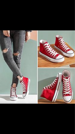 Super cute red sneakers/ women size 8, men size 6/ New/ $15 cash/ blue diamond & rainbow