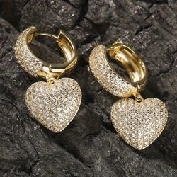 Exquisite Micro Pave Heart Shaped 14K Gold-Plated Cubic Zirconia Drop Dangle Earrings 