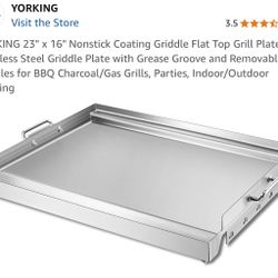 YORKING 23" x 16" Nonstick Coating Griddle Flat Top Grill Plate, Stainless Steel Griddle Plate with Grease Groove and Removable Handles for BBQ Charco
