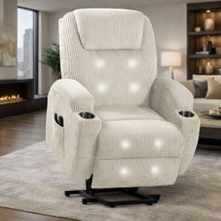 New Power Lift Recliner with Massage for Elderly, Classic Single Sofa with 2-Cup Holders, White Corduroy  New in box LR24-0638-CBG * Effortless relaxa
