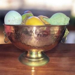 Vintage copper fruit bowl with fake fruit centerpiece art piece holiday table decor decoration