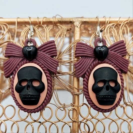 Handmade Skull Cameo Bow Earrings in Wine Pink and Black Hearts