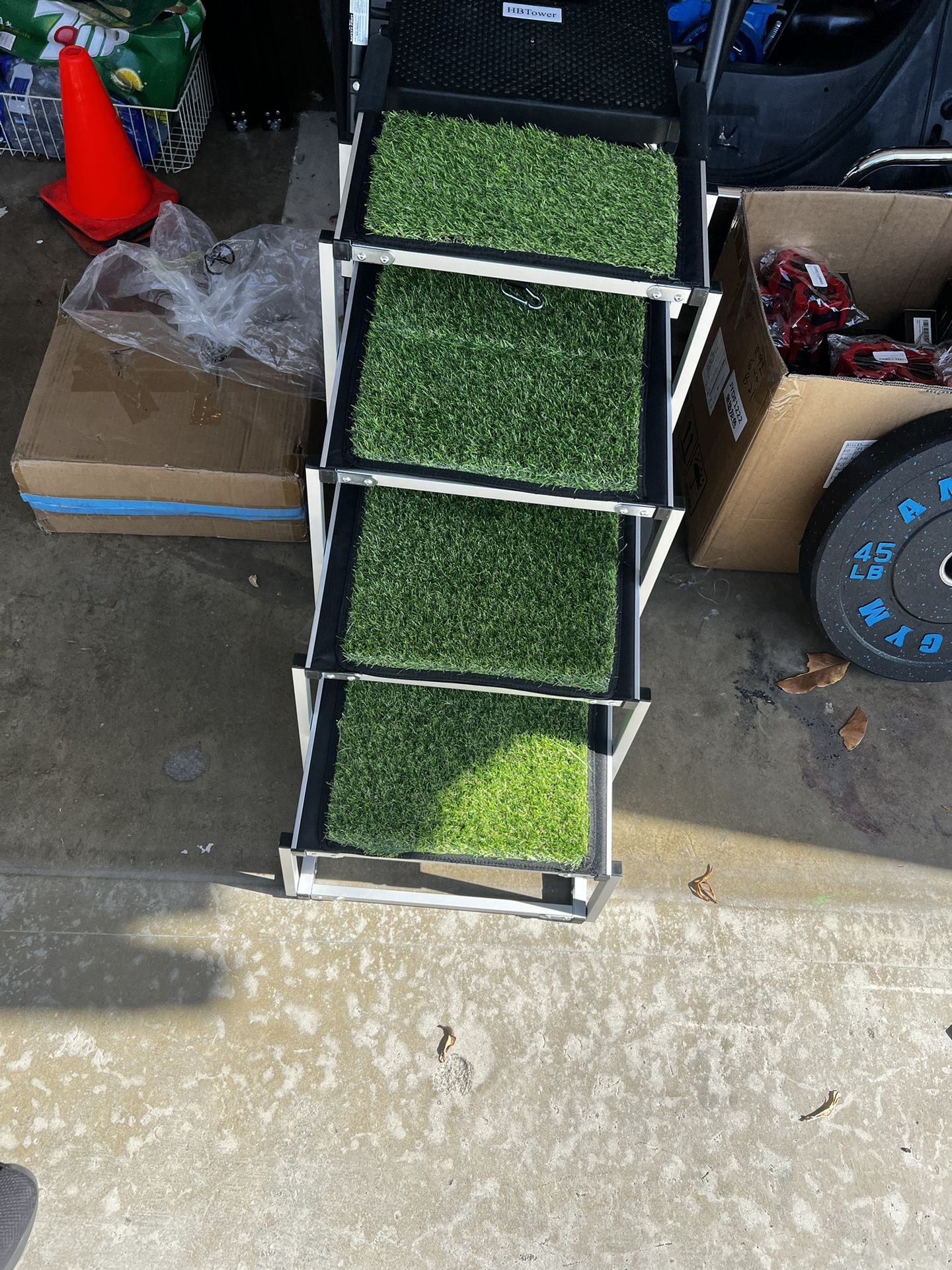 Foldable Dog Car Ramp for Large Dogs, 4 Steps Portable Large Dog Steps for Car Truck SUV High Bed, Aluminum Stairs with Grass Padded, Outdoor Ramp Sta