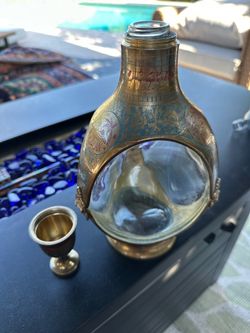 Vintage Kuwaiti Brass & Glass Decanter – Unique Middle Eastern Barware