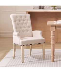 adochr Dining Chair with Arms,Linen High Back Dining Room Chairs, Beige Upholstered Accent Armchair with Solid Wood Legs & Nailhead Trim for Kitchen L