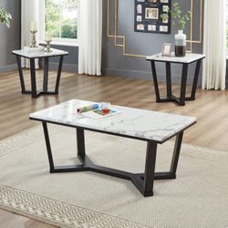 3PC Woody Marble Top Coffee Table Set (Coffee & 2 End Tables)