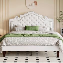 Full Size Bed Frame with Adjustable Velvet Tiara Headboard, Upholstered Diamond Button Tufted Platform Bed, Wood Slats Support, No Box Spring Needed,