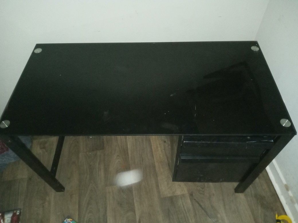 Black Work Desk With Glass Top And Drawers