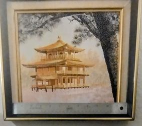 Japanese Temple Inl Vtg Silk Embroidered Tapestry 