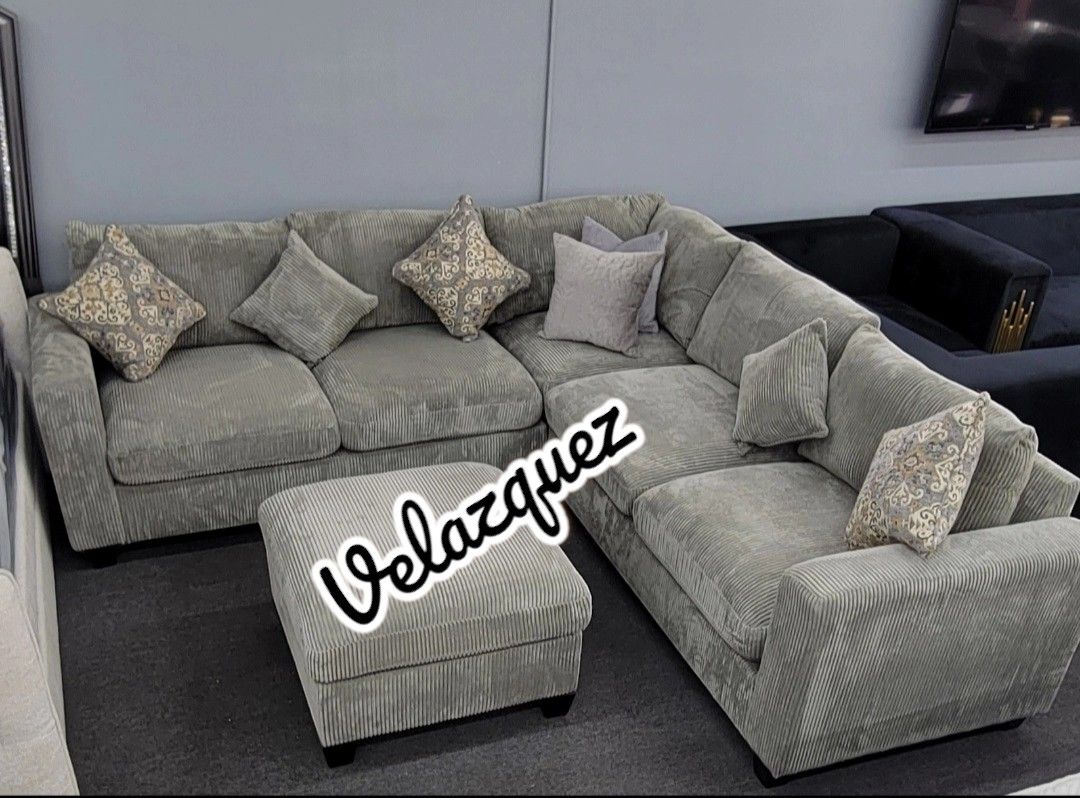 ✅️✅️ 4pc for grey corduroy fabric upholstered sectional sofa with ottoman ✅️✅️