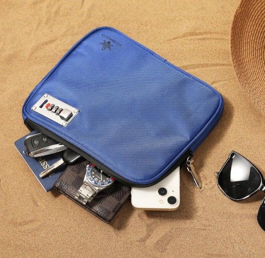 Anti-Theft Locking Beach Bag, 9x7.5-inch Portable Beach Safe for Securing Your Valuables and Phone – Blue