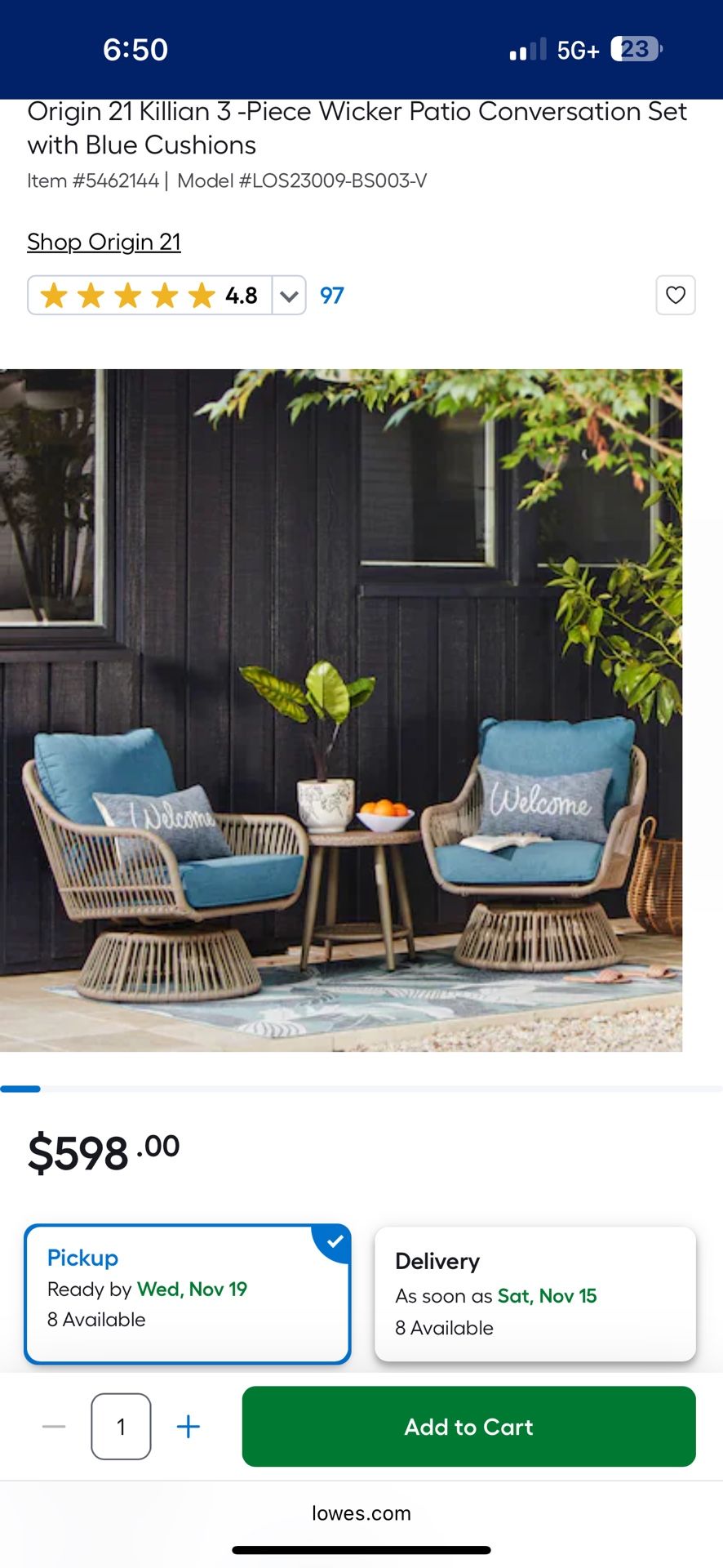 Origin 21 Killian 3-Piece Wicker Patio Conversation Set with Blue Cushions – Brand New / Best Price