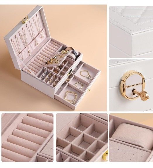 Jewelry Box 2-Layer Jewelry Organizer, 1 Drawers, for Big and Small Jewelry, Jewelry Storage, Modern Style, White