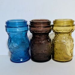 Wheaton NJ Jars Bottles Set Three Embossed Glass Jars Vintage Blue Brown Gold
