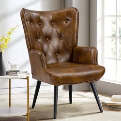 PU Leather Accent Chair for Living Room, Upholstered Reading Chair with High Backrest, Tufted-Button Wingback Armchair for Bedroom, Dressing Room, Hom