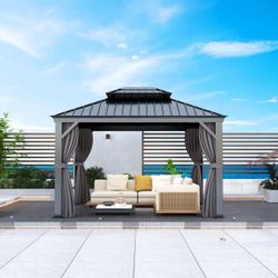 10'x13' Hardtop Gazebo, Outdoor Steel Double Galvanized Roof Canopy, Aluminum Frame Permanent Pavilion Metal Gazebo with Netting and Curtains, for Pat