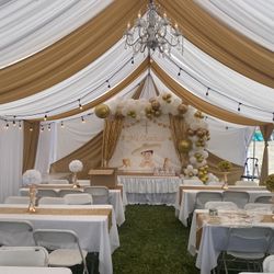 Draping——-tent——tables——-tablecloth———backdrops——-balloongarland———chairs———