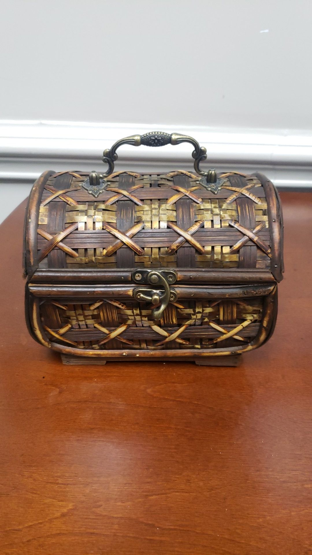 Artsy vintage Bamboo decor box metal clasp and hinges great valentine's day gift