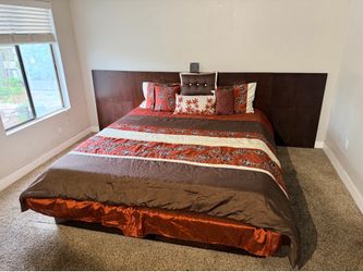 King Dark Wood Platform Bed Frame w/ Headboard, Slatted Foundation Modern