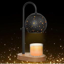 Black Candle Warmer Lamp with Timer&Dimmer，Star Lampshade with Adjustable Height＆Rotatable Pole，Wooden Base for Jar Candles，Wax Melting Electric Warme