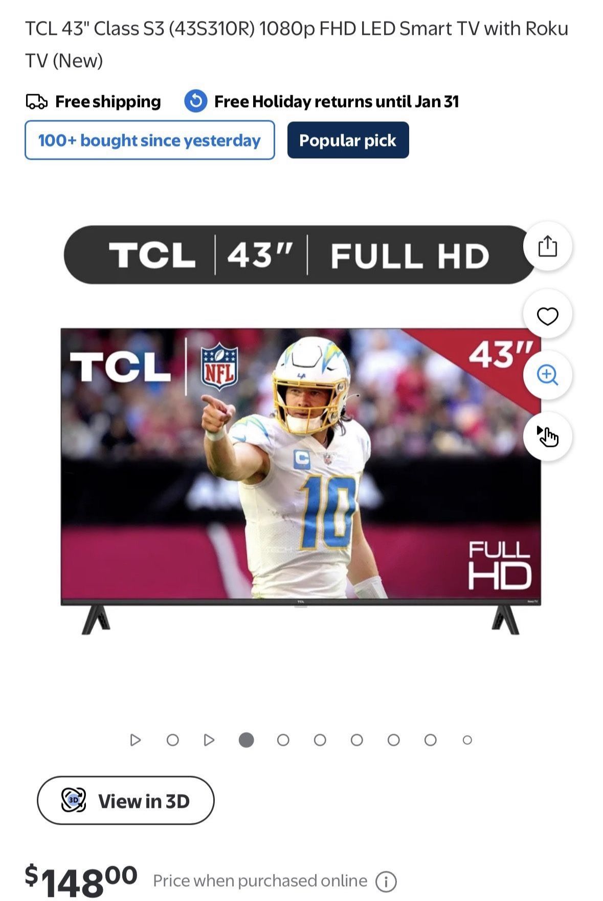 TCL 43" Class S3 (43S310R) 1080p FHD LED Smart TV with Roku TV 