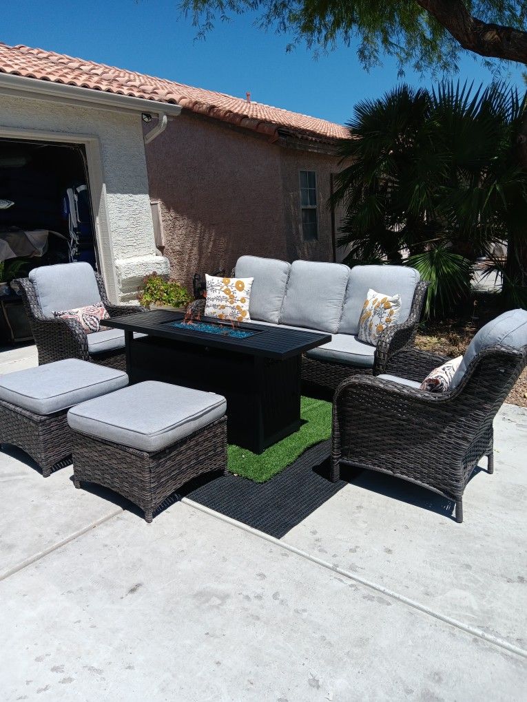 Patio Set Fire Pit And Wicker Furniture Set With Cushions