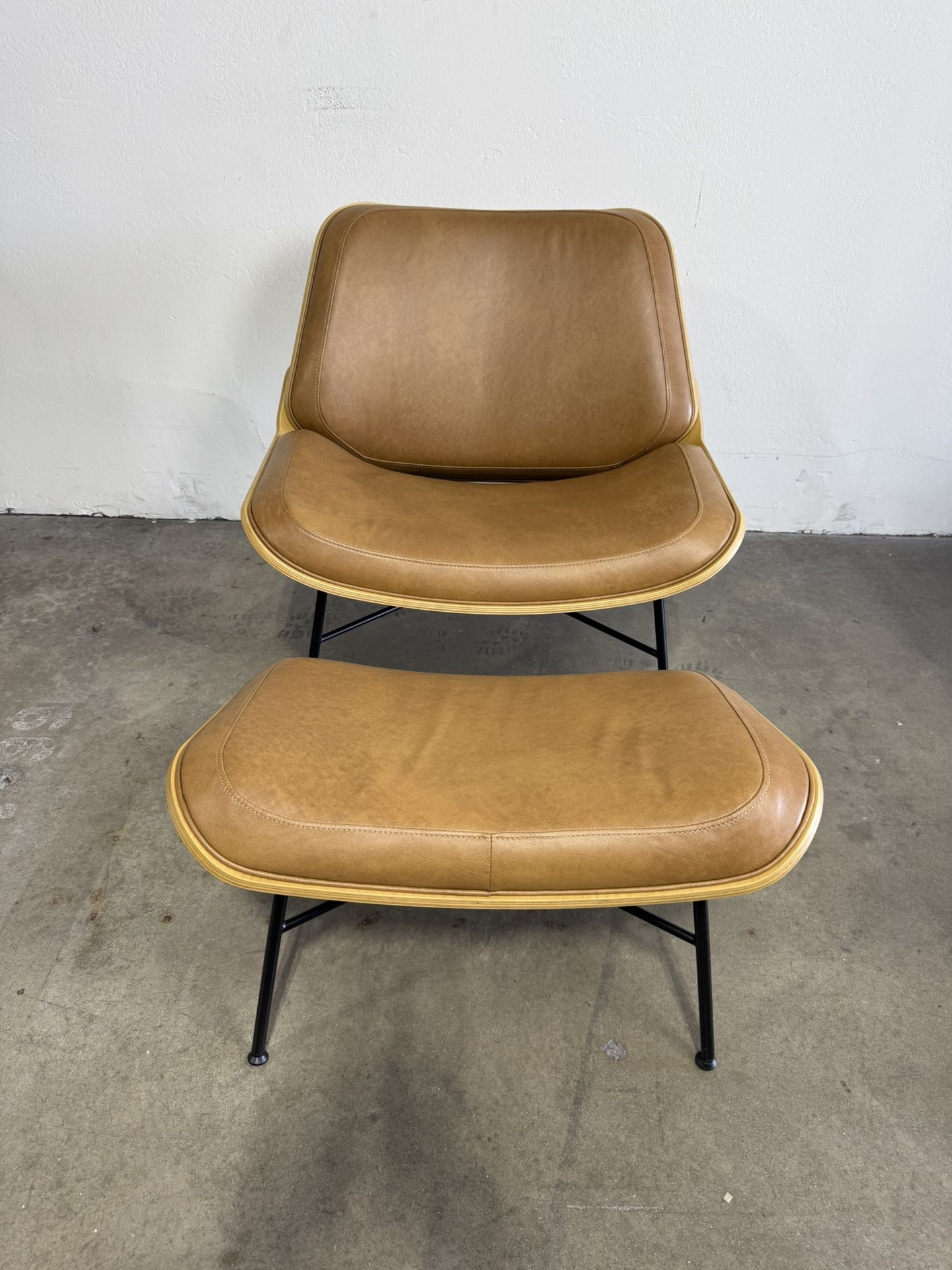 Burrow Vesper Leather & Wood Lounge Chair with Ottoman (Camel/Oak)