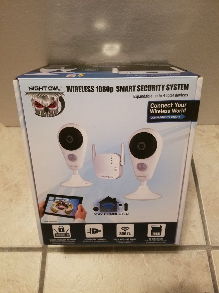 BRAND NEW Night Owl 4 Channel 1080p HD Wireless Gateway with 16GB microSD Card and 2 AC Powered Indoor Wireless Cameras