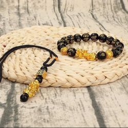 Pi Xiu Bracelet Necklace Set Feng Shui Black Obsidian Fortune Bracelet Beads, Men And Boys Unisex Adjustable Elasticity