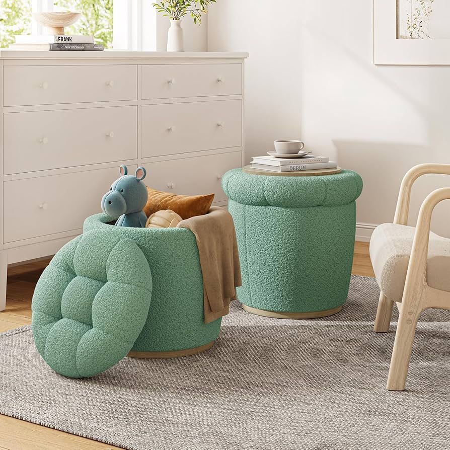2pcs Round Ottoman with Storage, Upholstered Vanity Stool for Makeup, Ottomans Multifunctional Foot Rest Coffee Table for Living Room & Bedroom