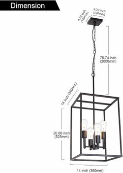 4 Light Large Industrial Metal Farmhouse Pendant Light Black Square Wide Cage Chandelier with Painted Finish for Dining Room Foyer Living Room Cafe Ba