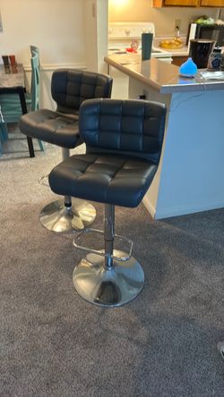 Black Tufted Bar Stools with Chrome Base – Set of 2