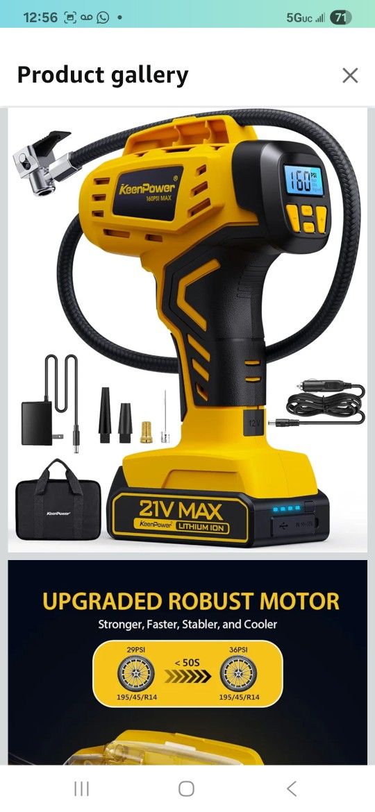 KeenPower Cordless Tire Inflator Portable Air Compressor, 160PSI Car Tire Air Pump, 21V Rechargeable Battery Powered Air Compressor, Dual Power, Large