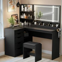 New Vanity Desk with Mirror, L Shape Vanity, LED Lighted Mirror, with Power Outlet and 3 Storage Shelves, Makeup Table with 5 Drawers, 3 Color Modes, 