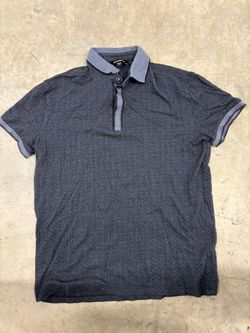Express Men's Navy Patterned Polo Shirt Medium