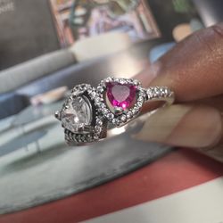 Pandora Red & Clear Double Halo Heart Ring