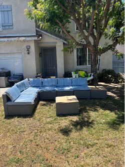 8 piece outdoor patio furniture set grey frame with blue cushions