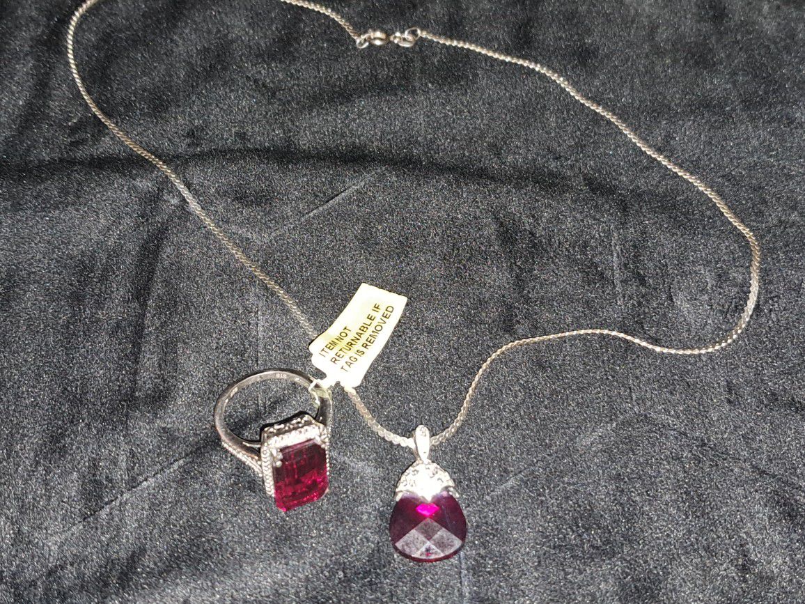Silver Ruby Red Ring And Pendant 