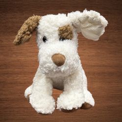 BARNES AND NOBLE EXCLUSIVE WHITE & BROWN FUZZY PUPPY DOG PLUSH.CORDUROY FEET.12”