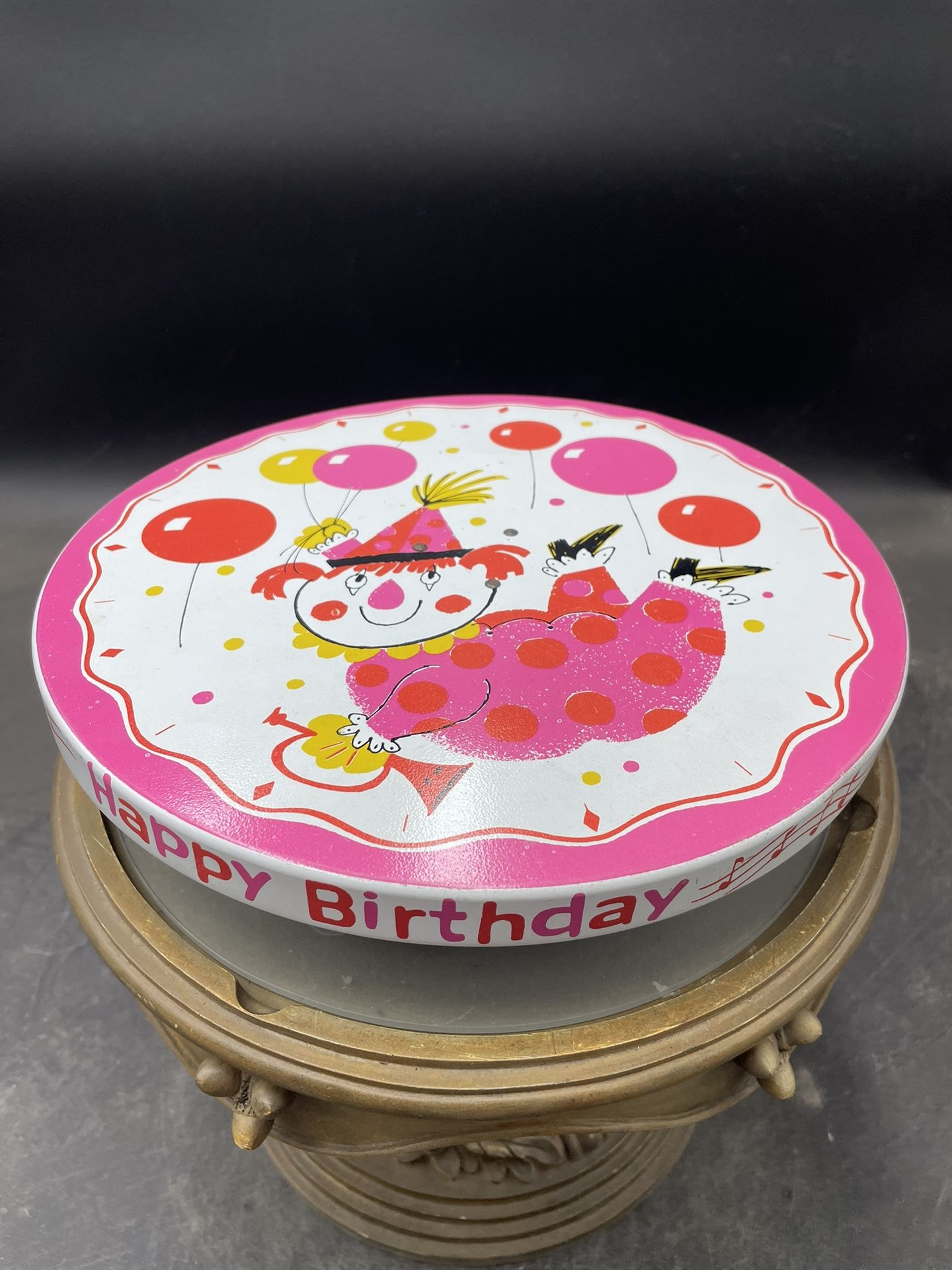 Vintage Fabcraft Rotating Musical Cake Plate Clown Balloons Happy Birthday Works