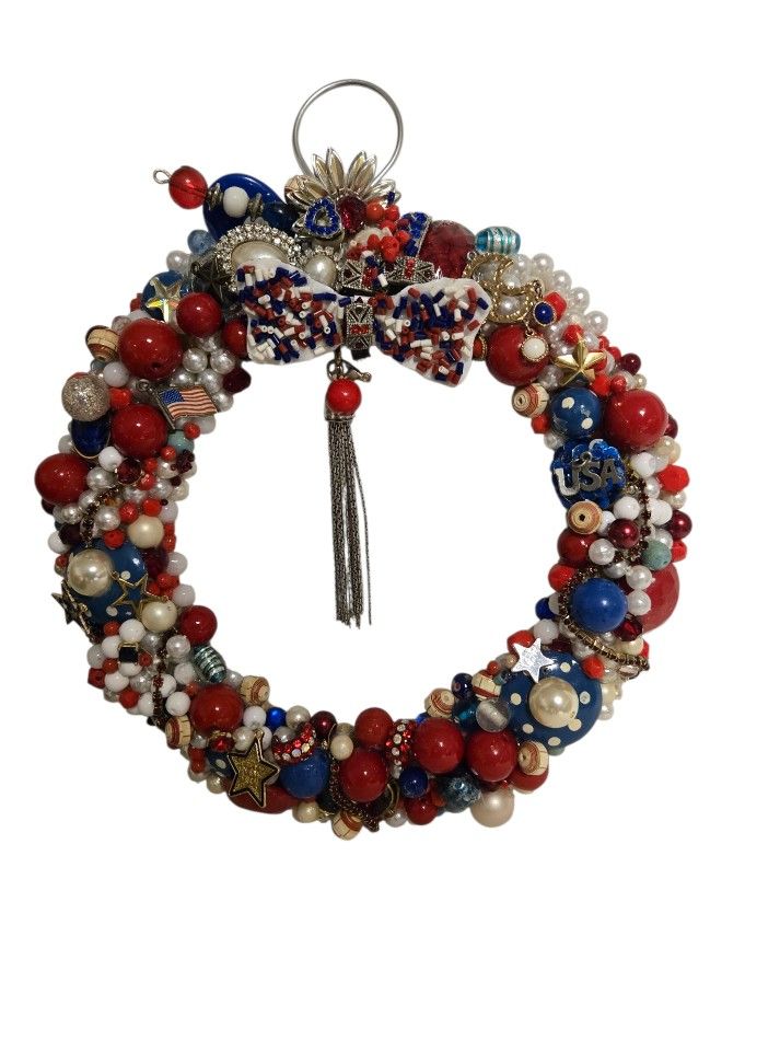 4th of july red white blue patriotic wreath made with vintage jewelry