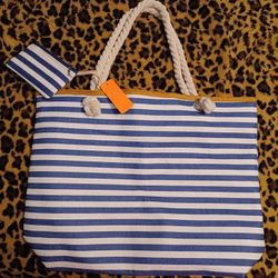 NWT - Extra Large Nautical Blue and White Canvas Tote with Matching Wristlet